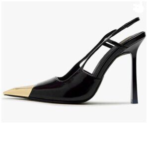 Maiyang Black Square Cap Toe Slingback Pumps Slip on Stiletto High Heel Sandals